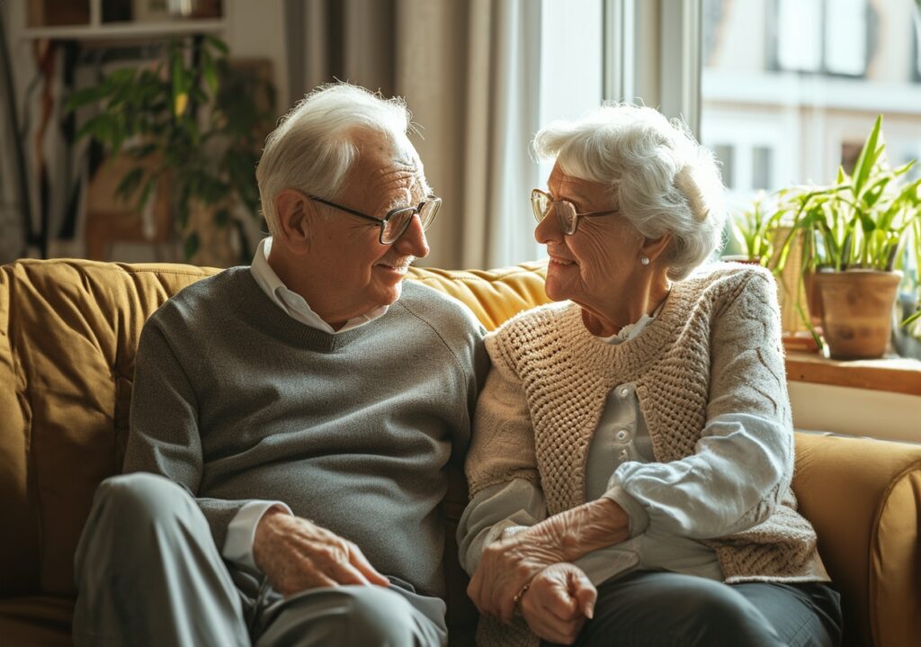 Un couple plus âgé assis sur le canapé.